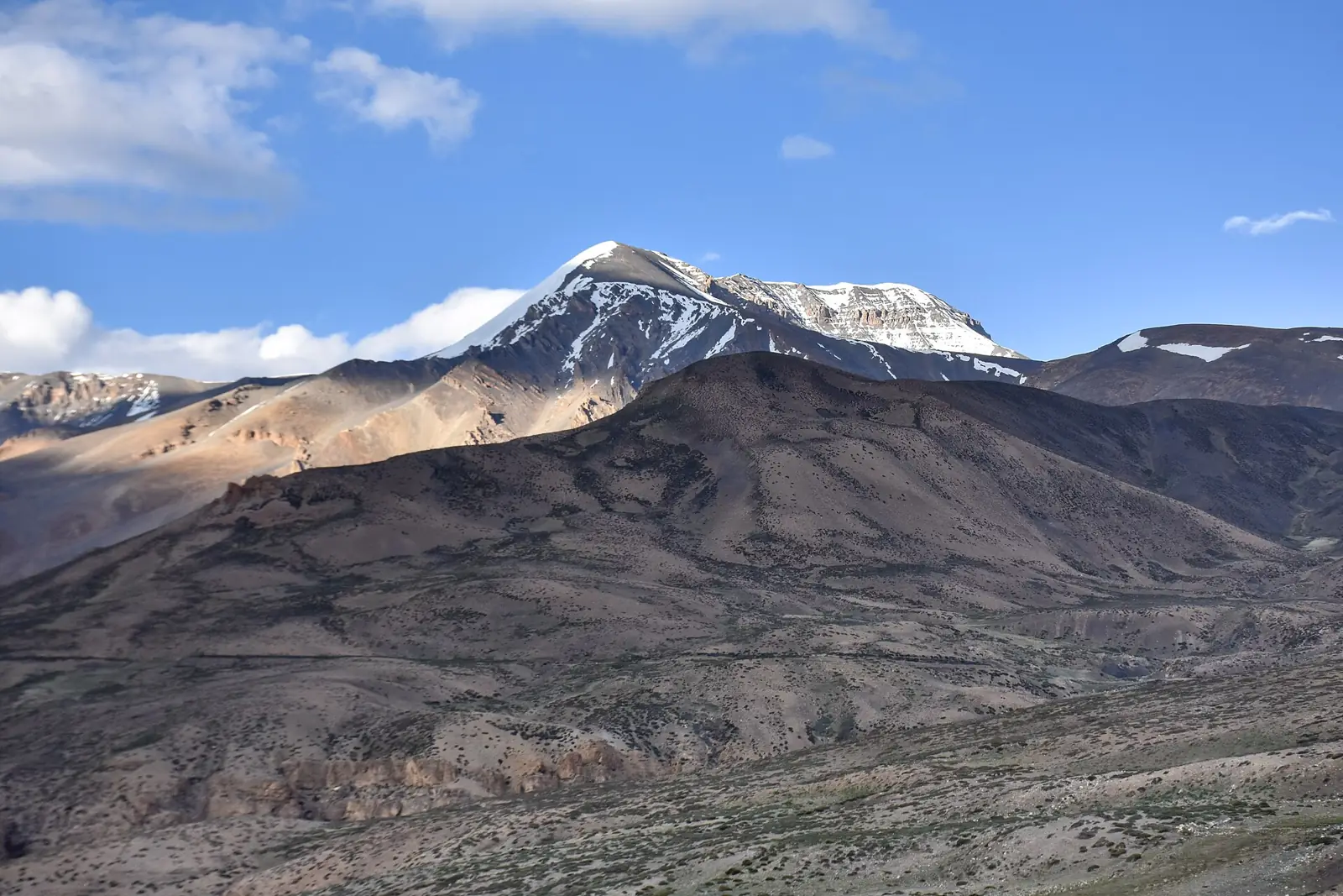 Kanamo Peak — Kanamo West (left) and Kanamo Peak (5,998m), view from SW.  Kibber Wildlife Sanctuary (4,400m), Spiti, Himachal, India.